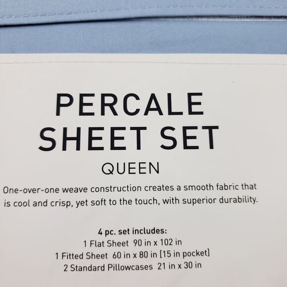 AQ Textiles Percale Sheet Set Queen Solid Blue 4 pc 220 Thread Count - Picture 7 of 9